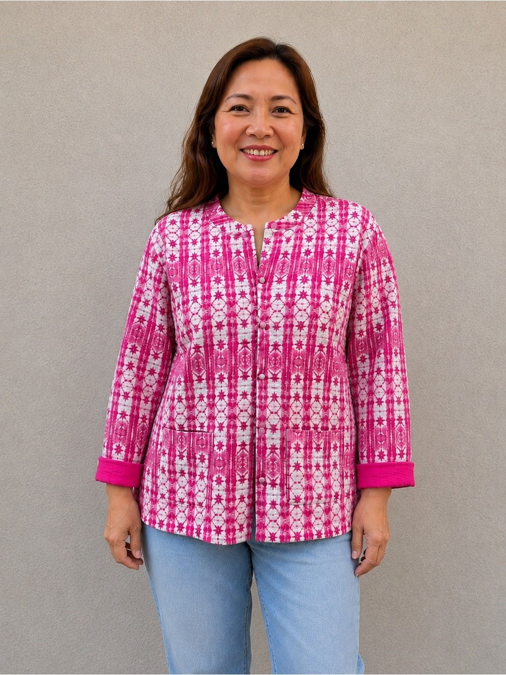 NWT SXH Women’s Size XXL Pink White Quilted Snap Front Tie Dye Jacket